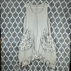 Tera Bora Cottage Dress Womens Small Beige Linen Floral Pockets Ruffle Prairie